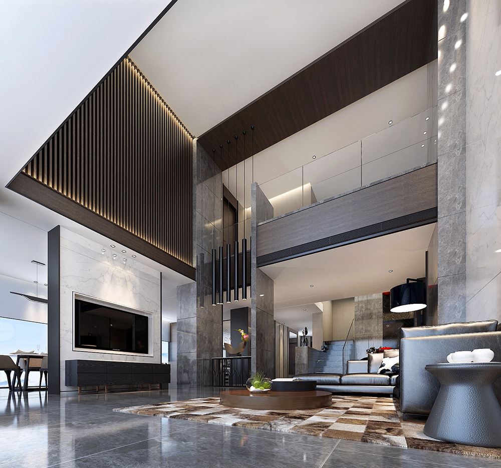 黑白灰现代简约风格室内装修效果图-日照天湖郦都别墅420平米